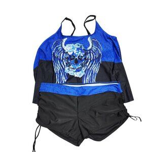 Plus Size 3X Rosegal Womens 2-Piece Tankini Set kull Wings Print Blue Black